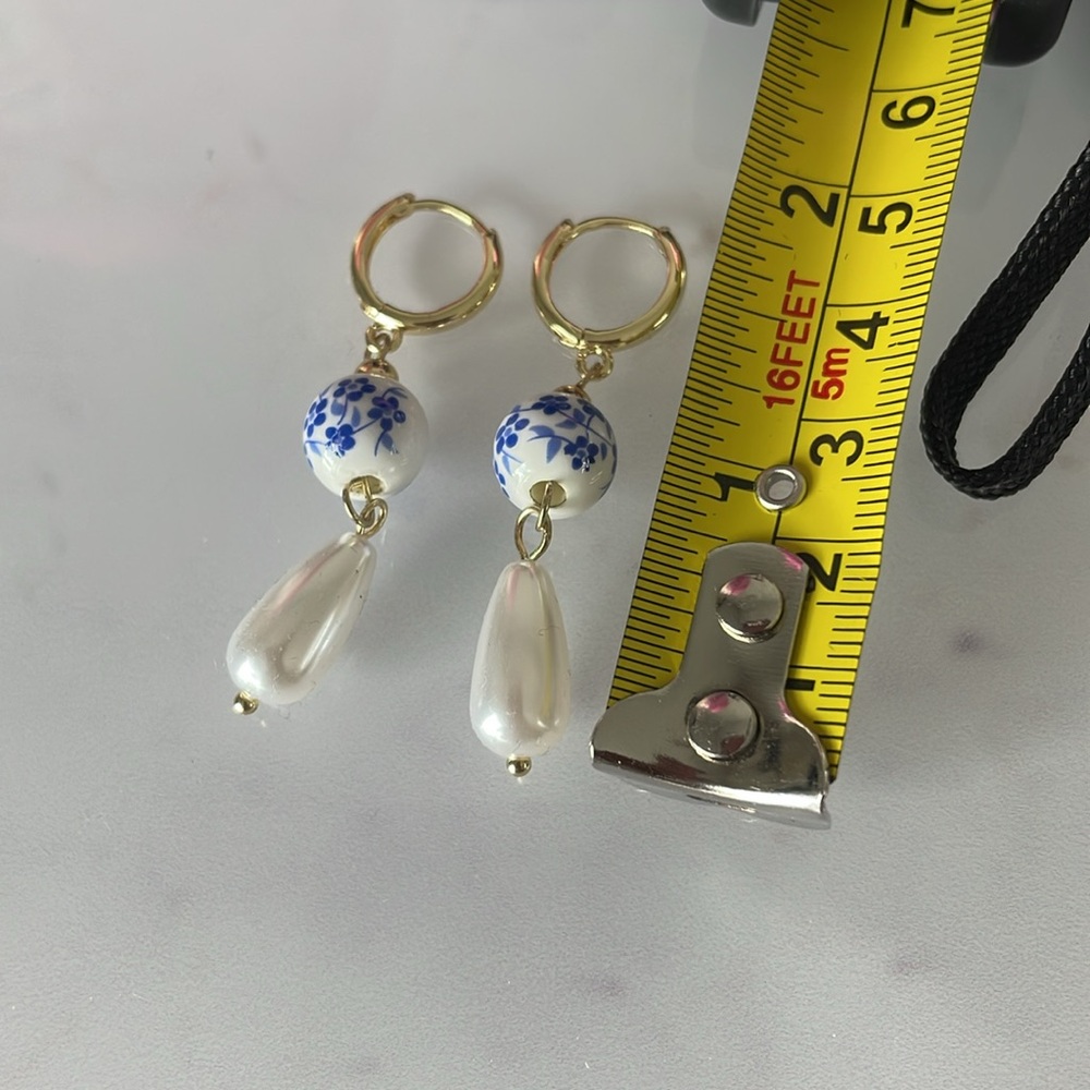 Porcelain coastal summer Gold and Blue Drop light weight Earrings - Picture 4 of 4